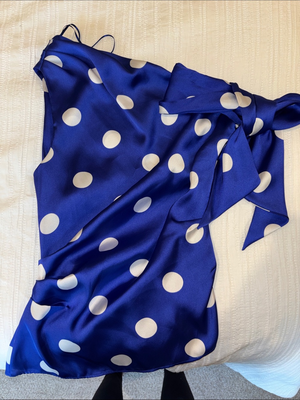 Zara Blue and White Polka Dot One-Shoulder Satin Top